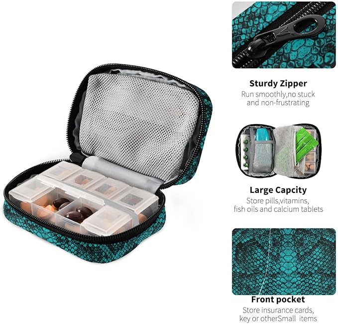 Pill Box Python Snake Print 7 Day Pill Case Travel Pill Organizer Bag with Zipper Portable Weekly Vitamin Medicine Supplement Holder Pouch Bag