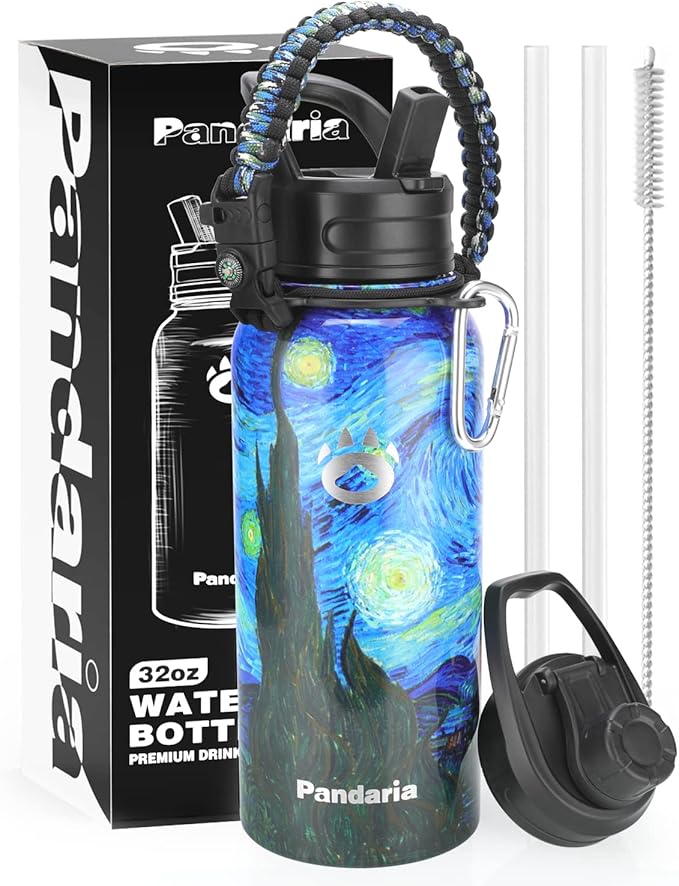 Insulated Water Bottle 32oz, Stainless Steel Water Bottle with Straw & Spout Lids & Paracord Handle | with Straw, Spout Lids, Paracord Handle