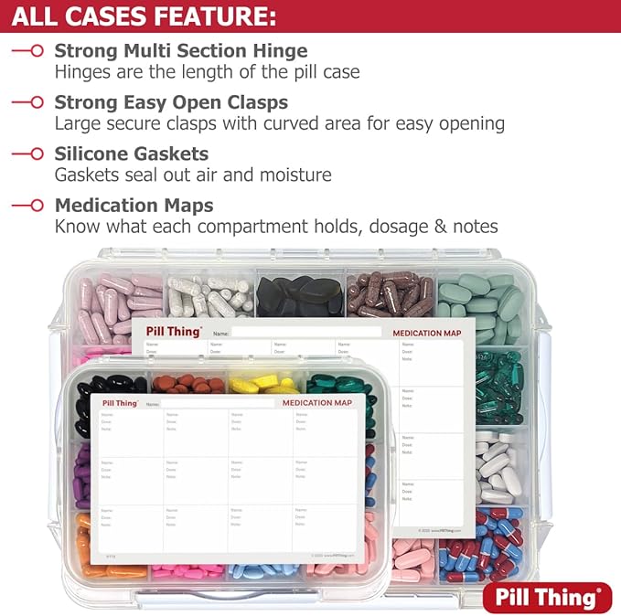 20 Compartment Large Pill Case with Airtight Seal - Silicone Gasket Waterproof Med Box with Medication Map (Combo Pack - 20 & 12)