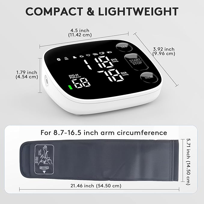 Blood Pressure Monitor Automatic Upper Arm BP Machine for Home Use with Bluetooth App Sync 2x120 Memory Accurate Reading, Large LED Backlit Display Adjustable Cuff 8.7"-16.5" with Storage Bag