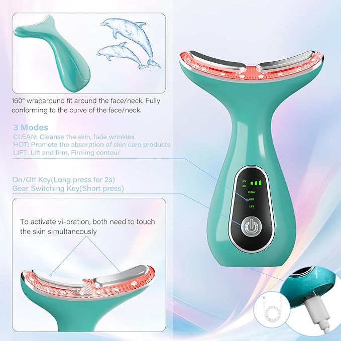 Facial Massager 7 Color Face Lift Device for Face and Neck Massage with 113°F & Vibration & Clean 3-in-1 Multifunctional Wand for Skin Care (Green)
