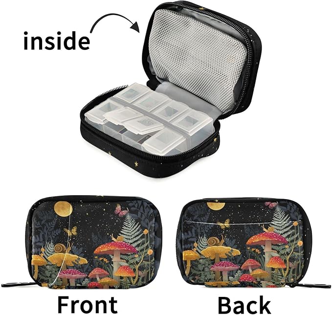 Snail Mushroom Pill Box 7 Day Pill Case Travel Pill Organizer Bag Container for Medicine with Zipper Portable Weekly Case Compact Size for Medicine, Vitamin, Supplement