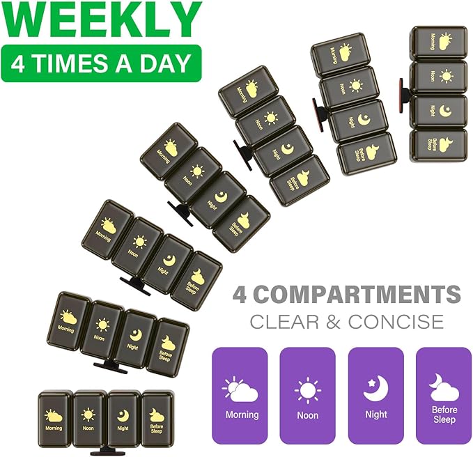 Weekly Pill Organizer 4 Times a Day, Large Compartments Pill Box 4X 7 Day, Medicine Organizer Pill Case for Pills/Vitamins/Fish Oils/Medication/Supplements (Brown)