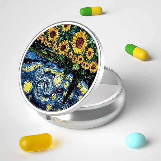 Pill Box, 3 Compartment Portable Travel Medicine Box with Mirror, Compact and Cute, Fits in Purse and Pocket, Medicine and Vitamin Organizer (Sunflower)