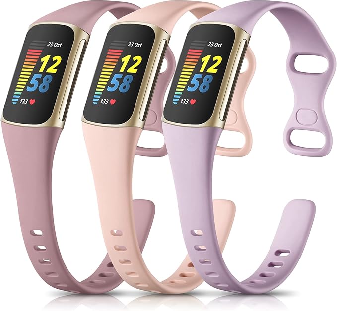 Maledan Band Compatible with Fitbit Charge 6/Charge 5 Bands for Women Men, 3 Pack Soft Silicone Sport Replacement Slim Accessories for Fitbit Charge 5/Charge 6 Fitness Tracker, Pink/Lavender/Ashy Pink