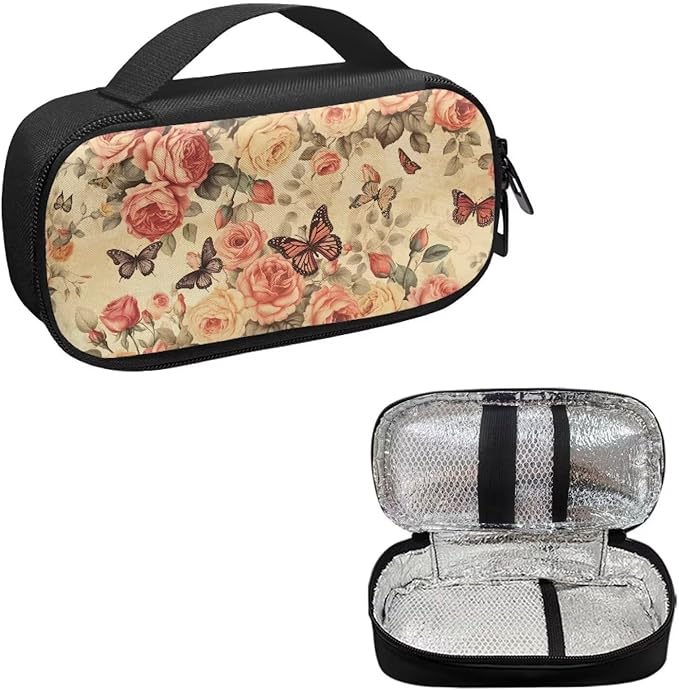 Retro Butterfly Roses Insulin Storage Bag Insulin Pen Cooler Travel Case Insulated Glucose Meter and Diabetic Supplies Organizer Carrying Bag for The Daily Life and Trip