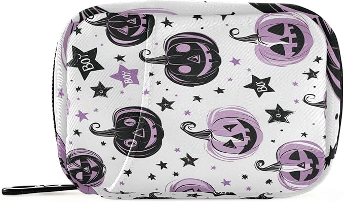 Halloween Spooky Pumpkins Purple Travel Pill Organizer Case Box Container Weekly Portable Vitamin Medicine Holder Storage Bag with Zipper Removable