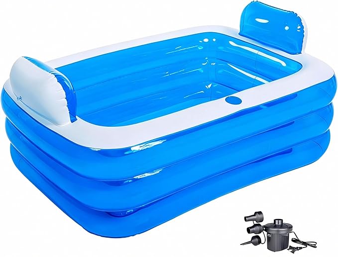 Double Inflatable Bathtub for Adults with Electric Air Pump, Portable 2-Person Spa Tub for Outdoor/Indoor Use, Includes Bath Pillow, Drain & Cup Holder, Foldable Storage, Blue