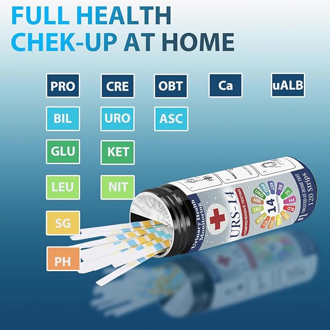 URS Urine Reagent Test Strip for 14 Parameters Urinalysis - Self Testing at Home in 60 Seconds for Men and Women PH, SG, Prot, KET, BLO, BIL, CRE, Kidney, Liver, UTI, Keto Diet, Ketosis, and +7 More