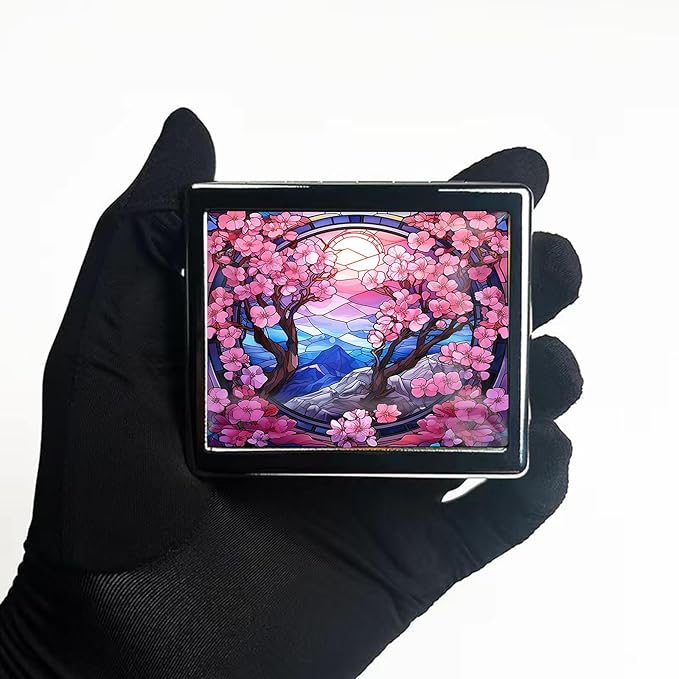 7 Days Chromed Shiny Silver Pill Organizer with Mirror Inside Has 8 Separate Compartments Rectangle 7 Days Pill Box Pill Case (Cherry Blossom)