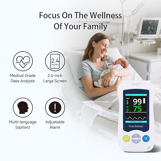 Overnight Pulse Oximeter, Medical Grade Accuarcy SpO2 & PR Continuous Pulse Oximeter Pediatric Blood Oxygen Saturation Monitor Handheld Infant with Adjustable Alarms and 500 Data Storage for Adult Baby