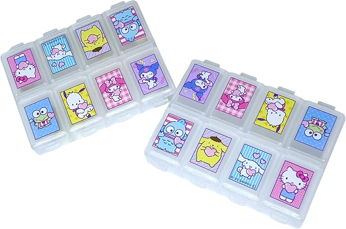 Kawaii Character Travel Pill and Accessories Organizer - Kitty, Cinnamo-roll, Little Twin Stars, and My Melody Pocket-Size (8 Poket Case x 2 Pack)