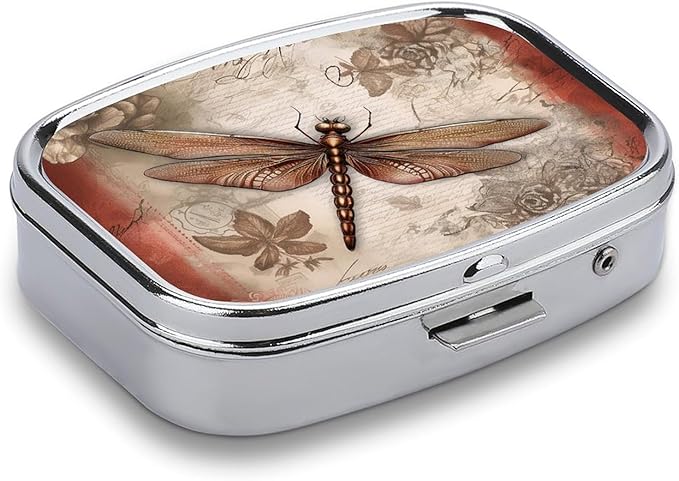 Dragonfly Bee Pill Box 2 Compartment Square Pill Case with Mirror Metal Pill Organizer Travel Pillbox Mini Medicine Storage Box for Pocket Purse