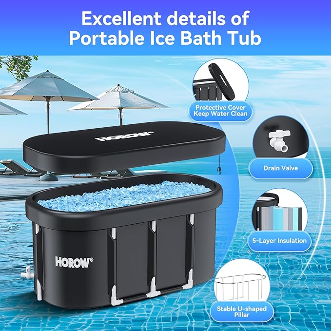 HOROW XL Large Oval Ice Bath Tub for Athletes, 100 Gallons Portable Cold Plunge Tub for Recovery and Cold Water Therapy, Multiple Layered Ice Plunge Tub with Cover for Family Gardens, Gym, Outdoor Use