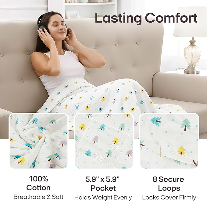 ZonLi Weighted Blanket for Adults (100% Cotton, 60"x80", 15lbs, Queen Size Small Tree Print) High Breathability Heavy Blanket, Soft Material with Premium Glass Beads, All-Season, Easy Care