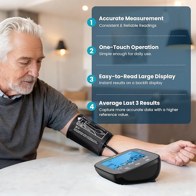 Upper Arm Blood Pressure Monitor with Wide Cuff, Automatic Digital BP Machine for Home Use, Large Backlit Display, Irregular Heartbeat Detection, Includes Storage Bag & 2×60 Memory