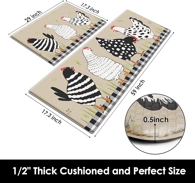 Anti-Fatigue Rooster Kitchen Rug Set of 2 Cushioned Chicken Rugs for Kitchen Floor, Country Farmhouse Standing Mat Waterproof Non-Slip Kitchen Mats and Rugs PVC Ergonomic Comfort Foam Kitchen Decor