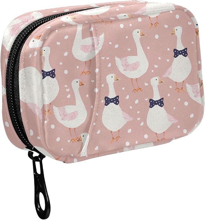 Fustylead Geese with Bow Tie and Dots on Pink Background Travel Pill Organizer Bag with Zipper Small Pill Box 7 Day Pill Case for Purse Storage Weekly Vitamin Medicine Supplement