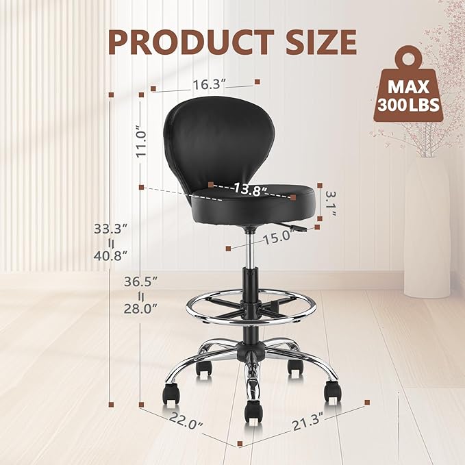 Leather Drafting Stool Chair Padded Seat 360° Swivel Rolling Stools Adjustable Height with Ergonomic Backrest and Footrest, Tall Office Chair for Standing Desk, Studio, Labs, Black, 4 Pack