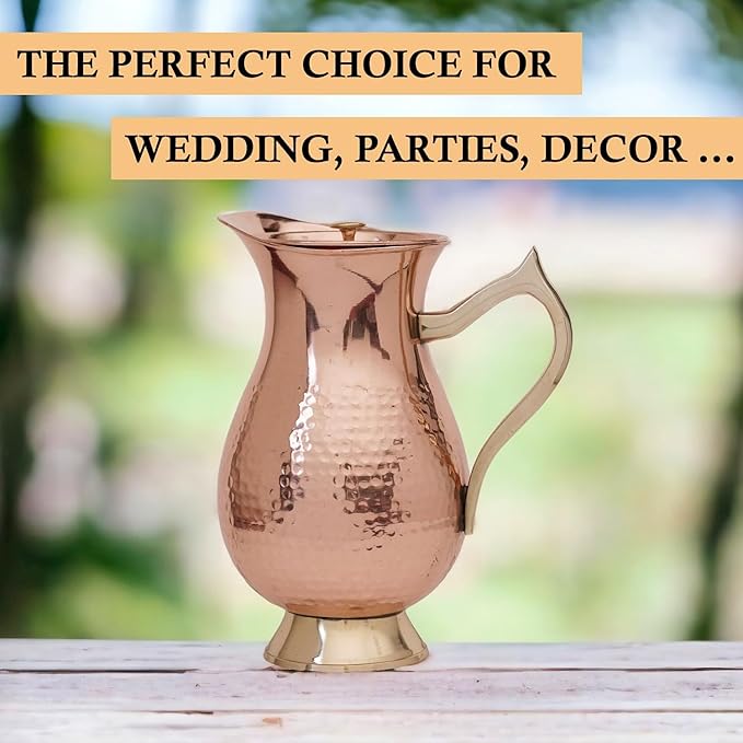 100% Pure Copper Pitcher 50.72 oz 1500 ml, Traditional Mughlai Copper Water Jug with Lid & Handle, Copper Drinking Water Pitcher for Daily Use, Ayurvedic Inspired