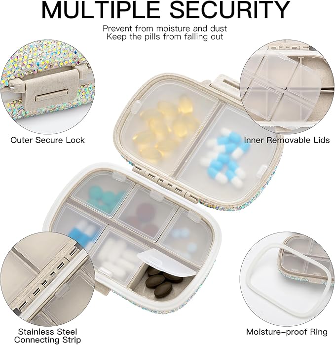 Soleebee Portable 8 Compartments Daily Pill Organizer, Bling Crystal Diamond Pill Box, Small Travel Pill Case, Pill Dispenser, Medicine Container Organizer to Hold Vitamin, Fish Oil (AB)