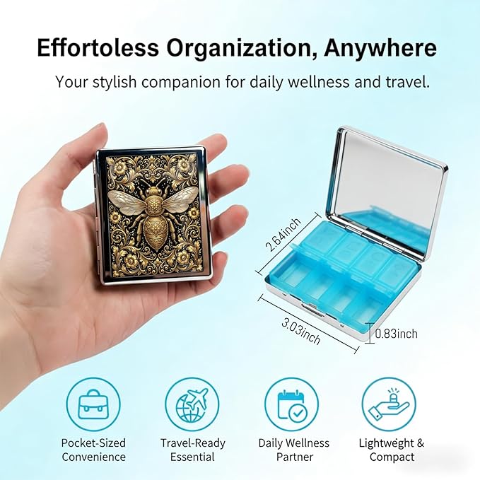 Metal 7 Day Pill Organizer, Cute Small Weekly Pill Case with 8 Compartments for Travel, Moisture-Proof Medicine Holder for Purse, Compact Daily Vitamin Box (Golden Bee Baroque)