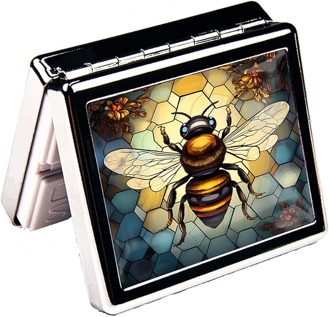 7 Days Chromed Shiny Silver Pill Organizer with Mirror Inside Has 8 Separate Compartments Rectangle 7 Days Pill Box Pill Case (Bee Stained Glass)