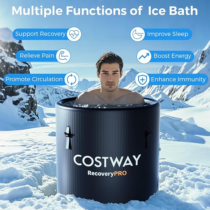 COSTWAY L 79 Gal Oval Ice Bath Tub with Cover, Portable Outdoor Inflatable Cold Plunge Tub with Backpack, Pump, for Cold Therapy, Compatible with Water Chillers, Black