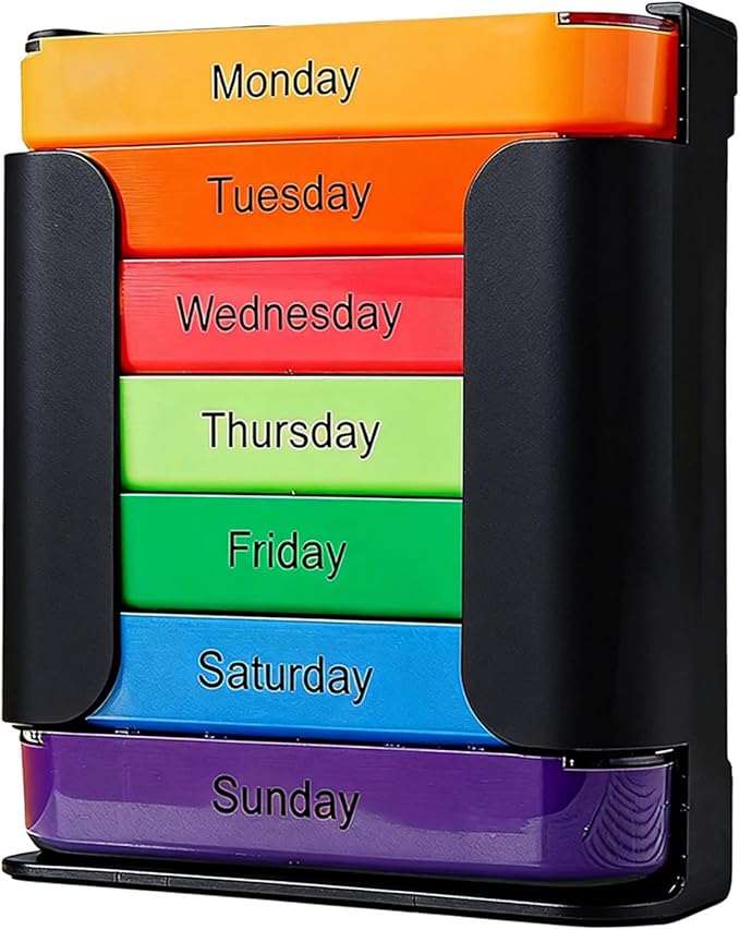 Stay on Track 7-Day Medication Organizer - for Effortless Health Management, Large Weekly Pill Organizer with 4 Times a Day Compartments, Stackable Pill Organizer for Vitamins & Supplements (Black)