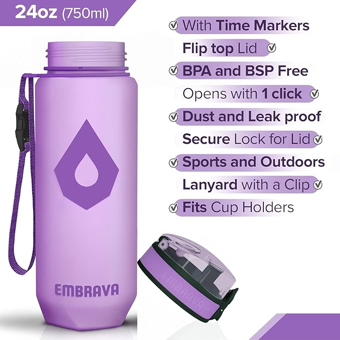 Embrava 24 oz Water Bottle with Time Marker - BPA Free Motivational Sports Bottle - Leak Proof Flip Top Lightweight Tritan Plastic - Gym School Office Hiking - Time Marked Water Bottles for Women Men