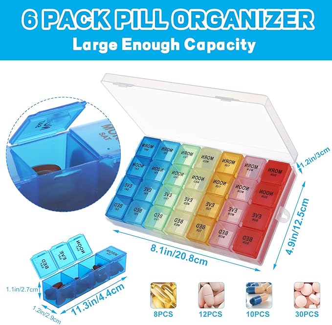 JMIATRY 6 Pack 7 Day Pill Organizer 4 Times a Day Large Weekly Pill Organizer 28 Compartment Daily Medicine Pill Box 7 Day Pill Container Holder to Hold Fish Oils, Vitamin (8.2 x 4.9 x 1.2 Inch)
