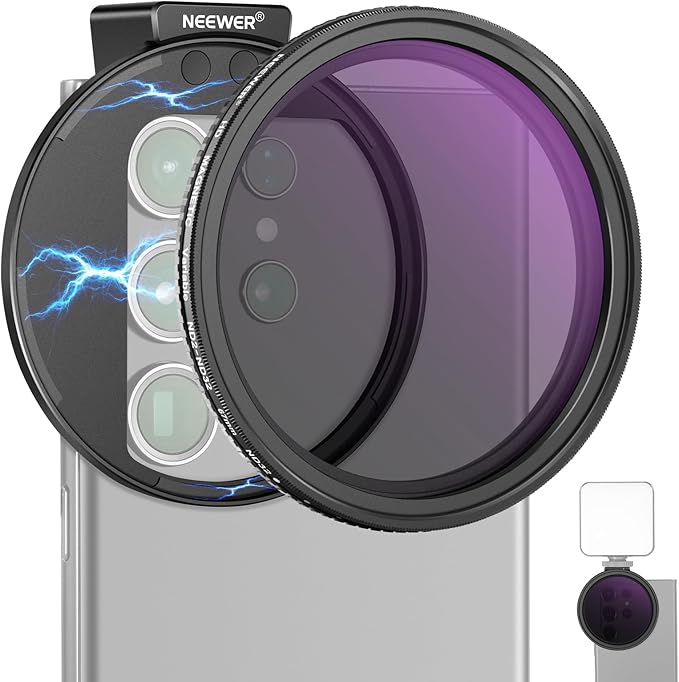 NEEWER 67mm Variable ND Filter with Cold Shoe Phone Lens Clip, HD Clip On Magnetic ND2-32 Filter Compatible with iPhone 17 Pro Max 16 15 14 Android Samsung Galaxy S24 S25 Ultra