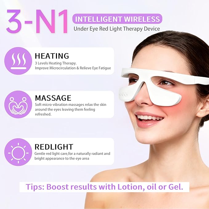 Under Eye Red Light Therapy Glasses, Reducing Dark Circles,Light Therapy, and Heat,Light Therapy, and Heat, for Eye Fatigue(White & 3 Modes)