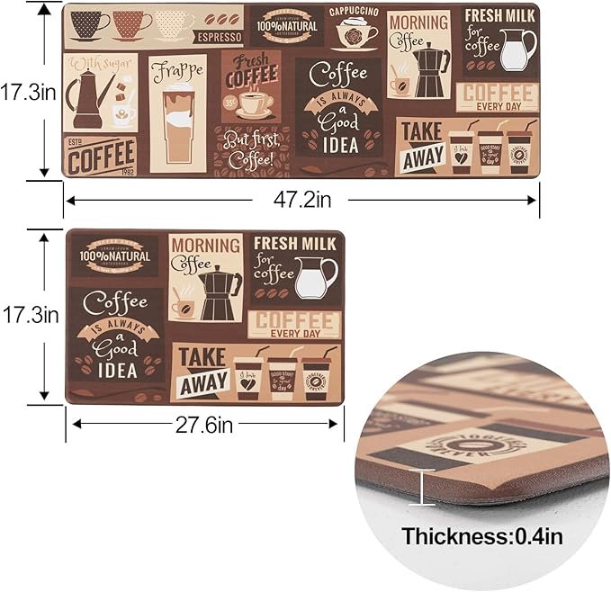 Asrug Anti Fatigue Comfort Kitchen Mats Standing Desk Mat Decorative Ergonomic Floor Pad Kitchen Rug Waterproof Stain Resistance Non Slip Kitchen Set, 17.3''x27.6''+17.3''x47.2'', Cafe Design