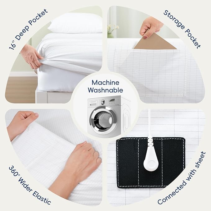 David's Home Grounding Fitted Sheet Queen Size,95%Cotton 5%Silver,Comfort Softer Better Healthier,Earth Grounded Conductive Bed Sheet with Grounding Cord&Test Pen,16" Deep Pocket&Storage Pocket,White