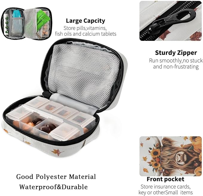 Fustylead Highland Cow Sunflowers Pumpkins and Falling Leaves Travel Pill Organizer Case Zipper for Purse with Removable Weekly Pill Box for Medicine, Vitamin, Supplement Medicine Organizer