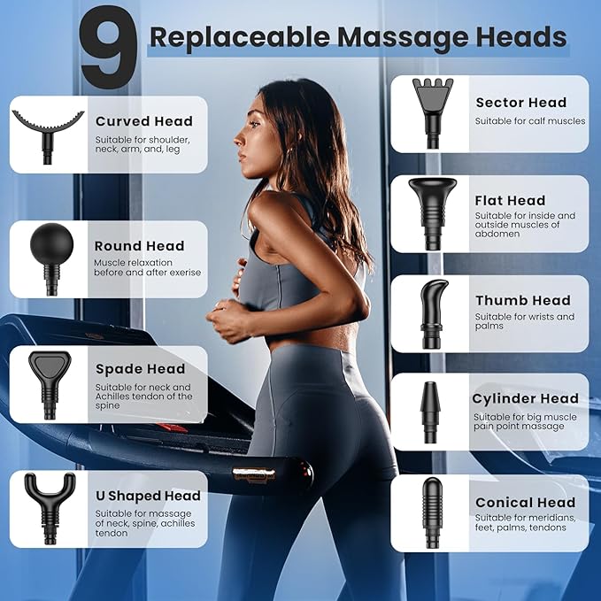 JQX Massage Gun, Deep Tissue Massager Gun for Pain Relief, Percussion Muscle Massage Gun for Athelets, Handheld Electric Back Massager with 30 Speed Levels & 9 Massage Heads