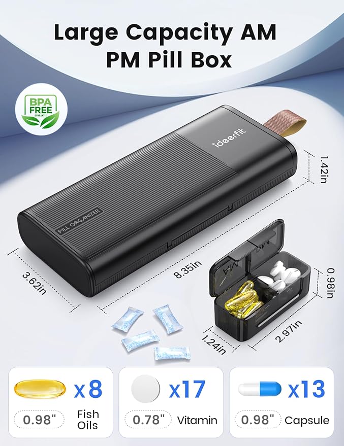 Weekly Pill Organizer 2 Times a Day, 7 Day AM PM Pill Box with Built-in Desiccant, Portable Medicine Case with 7 Detachable Containers for Vitamins & Supplements