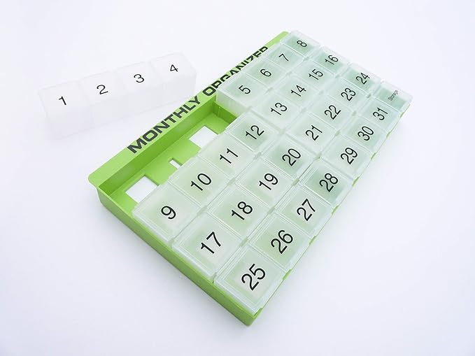 31 compartments, 1 per Day, 4 Week Monthly Pill Organizer by Promed. Includes Tray and 8 Removable compartments. (Green)