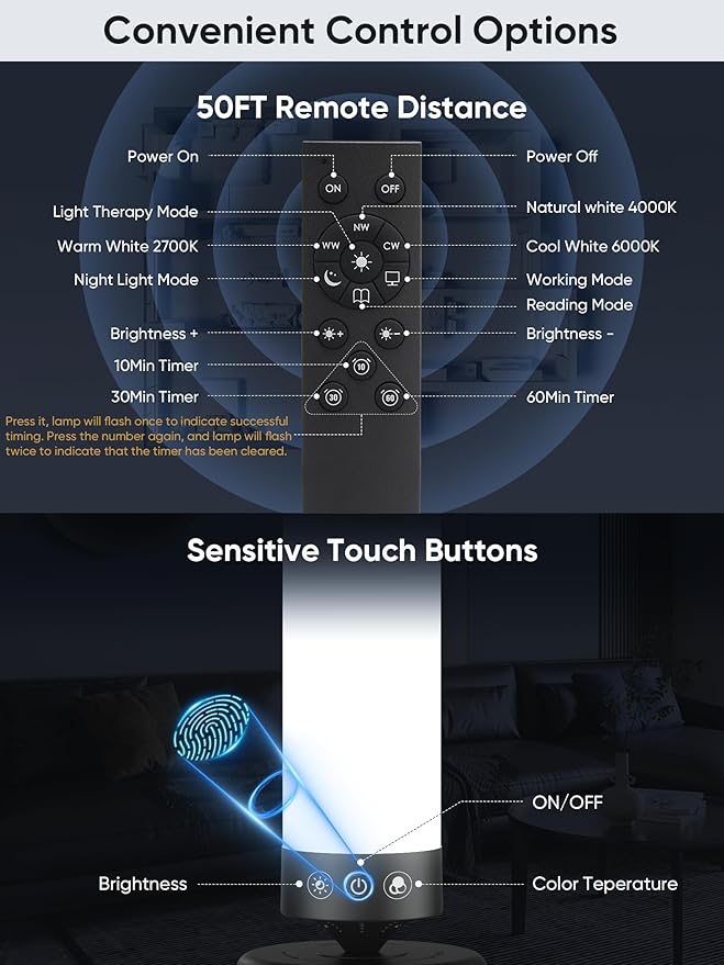 Light Therapy Lamp 10,000 Lux Happy Therapy Light with Remote, 2-in-1 Pedestal to Tabletop Full Spectrum Daylight Lamp with Adjustable Color/Brightness/Timer, Memory Function, Black