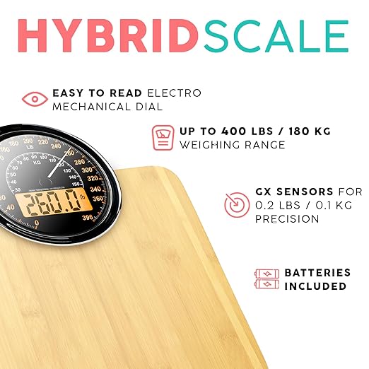 Adamson Hybrid 2-in-1 Analog & Digital Weighing Scale for Body Weight up to 400lbs - Thick Tempered Glass - Extra Large Display - Easy to Read Digital Bathroom Scale - New - Wood