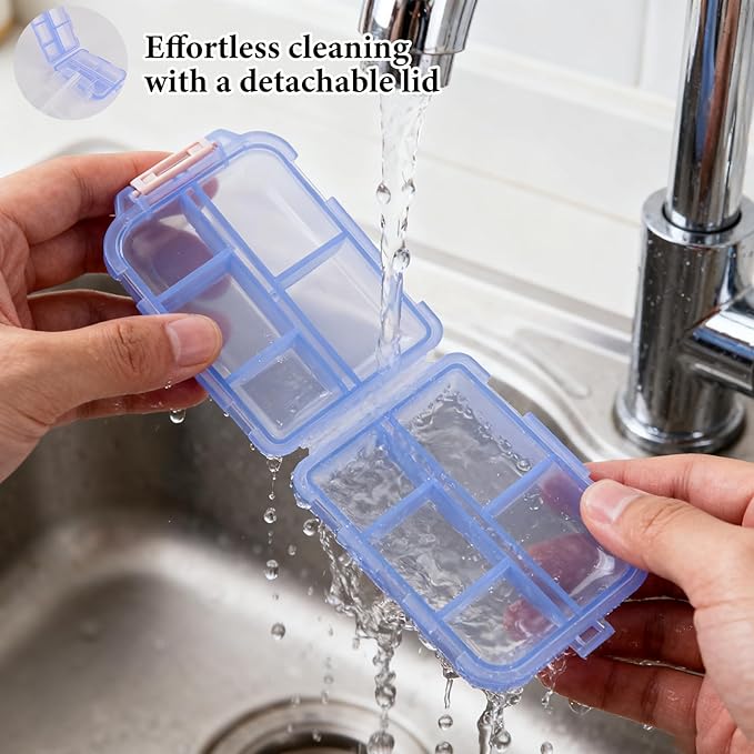 4Pack Travel Pill Organizer - 10 Compartments Pill Case with 64 Stickers, Pill Organizer 2 Times A Day, 20 Days Portable Compartments for Vitamins, Fish Oils, Supplements(Blue)