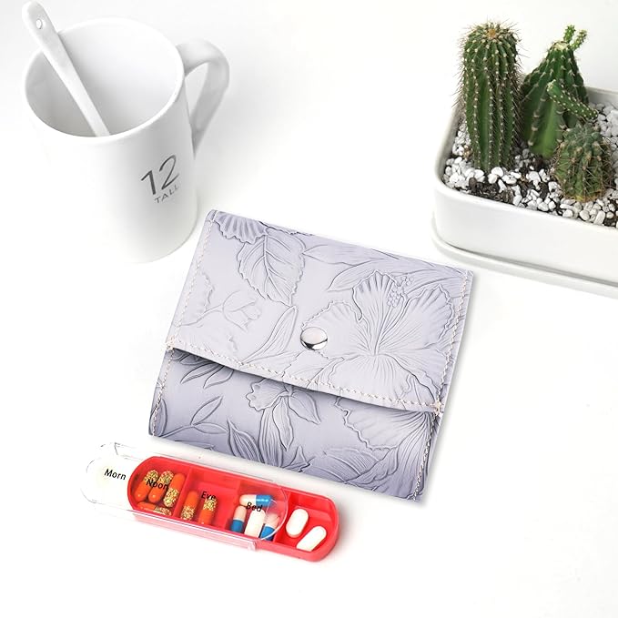 Pill Organizer,LIZIMANDU Weekly Travel Pill Case Box Medication Reminder Daily AM PM, Day Night 7 Compartments,for 4 Times A Day, 7 Days a Week-Includes Leather PU Carrying Case(1-Carved Grey)