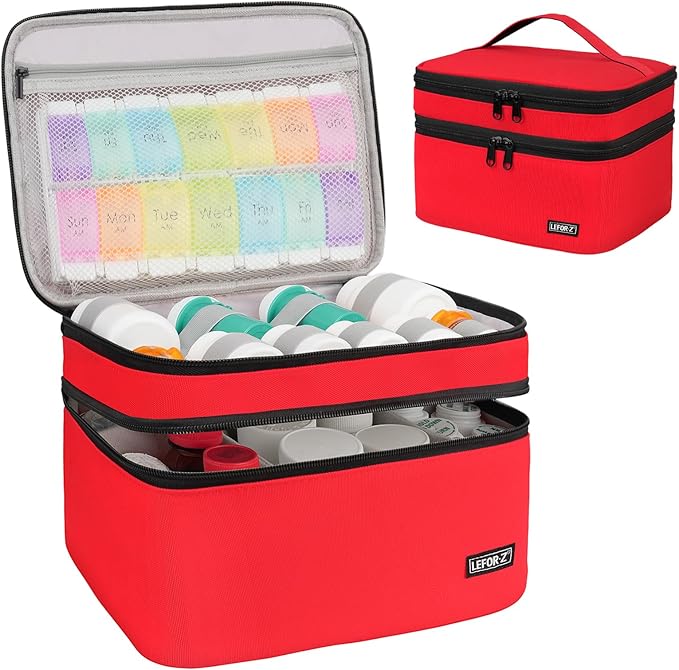Medicine Storage Bag,Double Layers Pill Bottle Organizer Bag Empty with Lockable Zipper&Adjustable Divider,Medication Travel Carrying Bag for Pills,Vitamins,Medical Supplies,Red