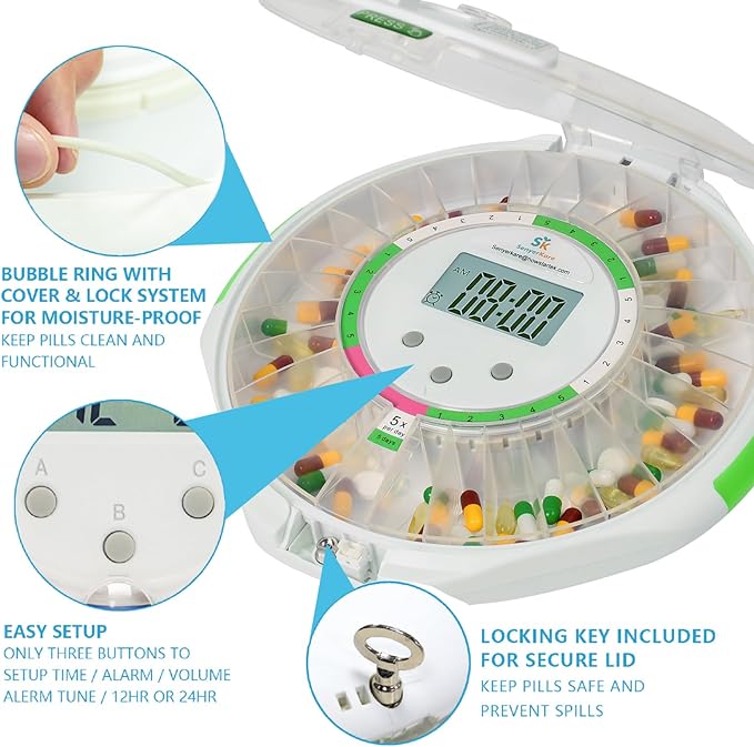 Automatic Pill Dispenser w/Alarm, Sound & Light, 28-Day Locked Medication Dispenser w/Easy-Read Display, up to 6 Alarms/Day, 9 Dosage Templates for Prescriptions, Vitamins & More, Clear Lid