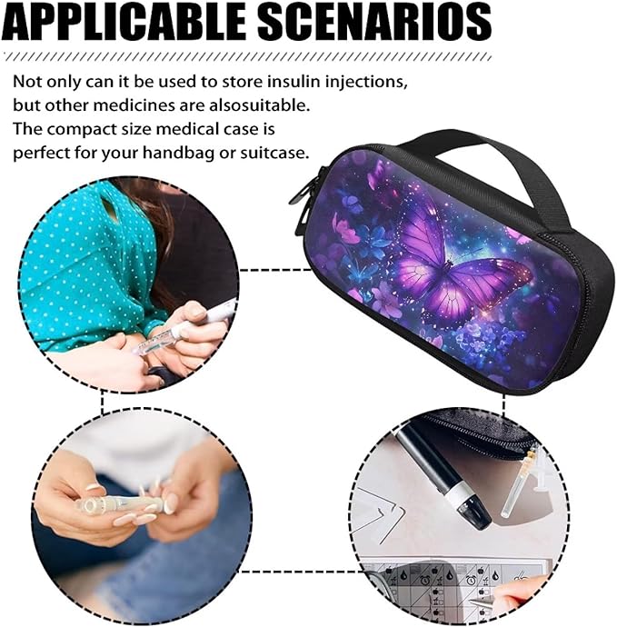 Purple Butterfly Flowers Insulin Pen Cooler Travel Case Insulated Diabetic Medication Organizer Carrying Bag to Store Insulin Cartridges, Needles, Test Strips, Easy to Clean & Use