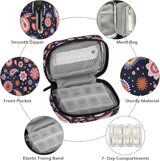 Colorful Ethnic Paisley Pill Case Travel Pill Organizer Weekly 7 Day Portable with Zipper Medicine Box Pill Case for Vitamins, Birth Control,Fish Oils,Medication, Supplements