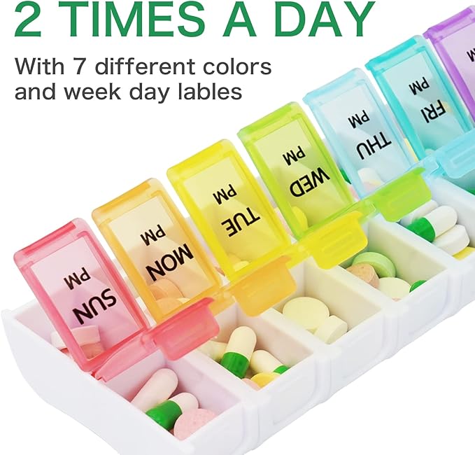 DailyRest Pill Organizer 2 Times a Day, Pill Box 7 Day, AM PM Pill Case, Detachable Weekly Pill Container, Rainbow See-Through Lids, Travel Portable Medicine Container for Pill/Vitamins/Supplements