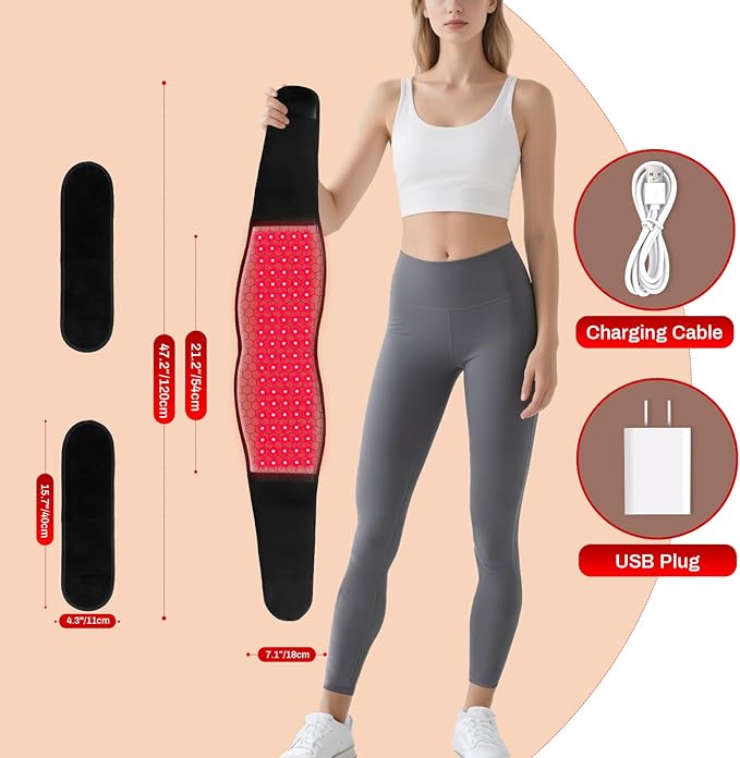 Red Light Therapy Belt for Body - Cordless 660nm&850nm Infrared Light Therapy Device with Vibration Pulse Timer, Heating Pad Wrap for Back Shoulder Waist Muscle Pain Relief at Home Office Travel