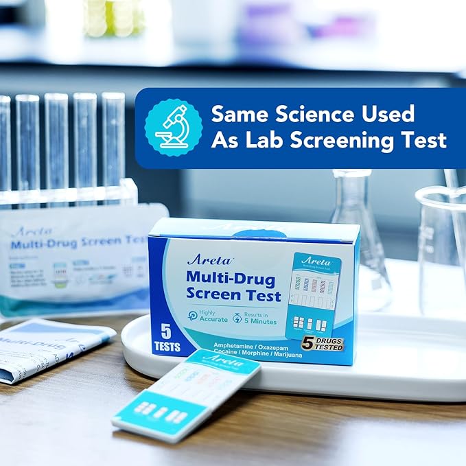 Areta 5 Panel Urine Drug Test Kit - [5 Pack] Testing Marijuana(THC), Cocaine(COC), Opiates(OPI), AMP, BZO, at Home All Drugs Screening Tests Kit, #ADTP-754